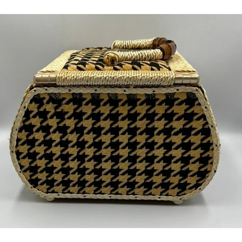 Vintage Singer Sewing Basket Houndstooth Bamboo Handle Box